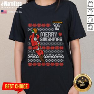 Awesome Merry Swishmas Ugly Christmas Basketball Pajamas Ladies Tee featuring festive basketball graphics and vibrant colors.