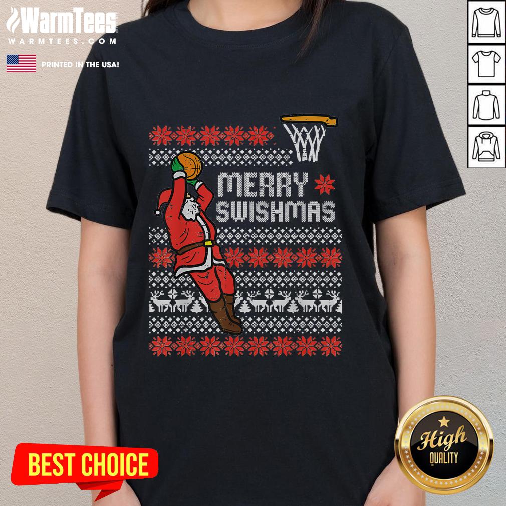 Awesome Merry Swishmas Ugly Christmas Basketball Pajamas Ladies Tee featuring festive basketball graphics and vibrant colors.