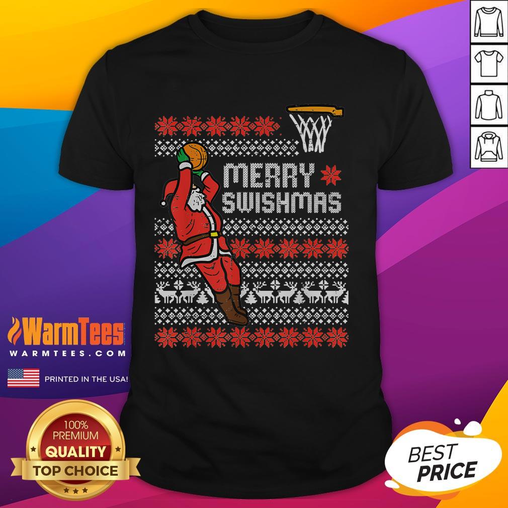 Awesome Merry Swishmas Ugly Christmas Basketball Pajamas T-Shirt featuring festive graphics and holiday cheer for basketball fans.