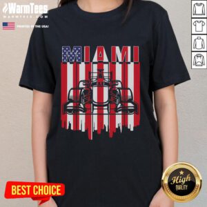 Awesome Miami Formula Racing Track Circuit with United States flag on ladies tee, perfect for motorsport fans.