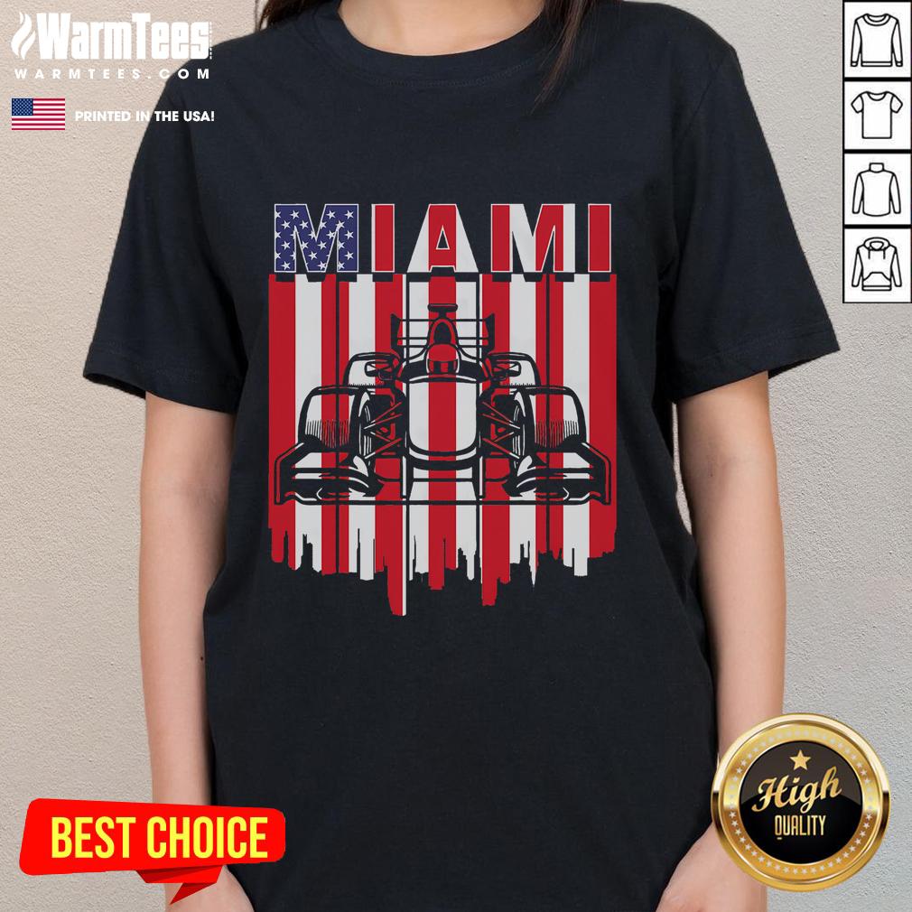 Awesome Miami Formula Racing Track Circuit with United States flag on ladies tee, perfect for motorsport fans.