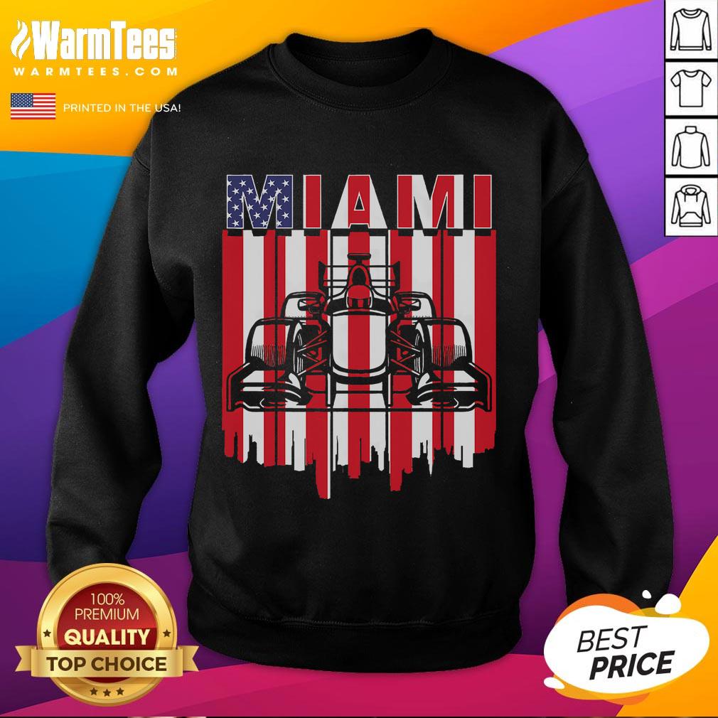 Awesome Miami Formula Racing Track sweatshirt featuring the United States flag design for motorsport fans.
