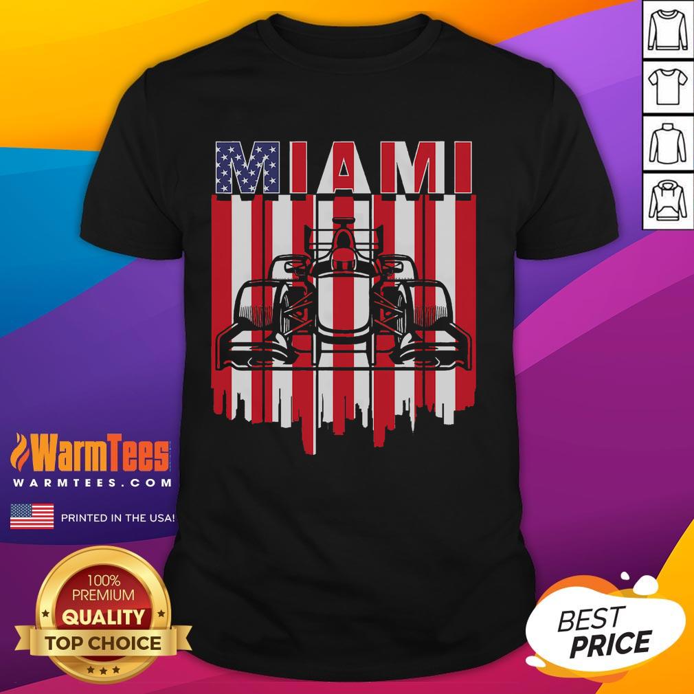 Awesome Miami Formula Racing Track Circuit T-Shirt featuring the United States flag, perfect for motorsport fans.