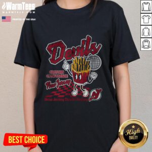 Alt Text: Ladies tee featuring Awesome New Jersey Devils Disco Fries design, perfect for fans and game day attire.