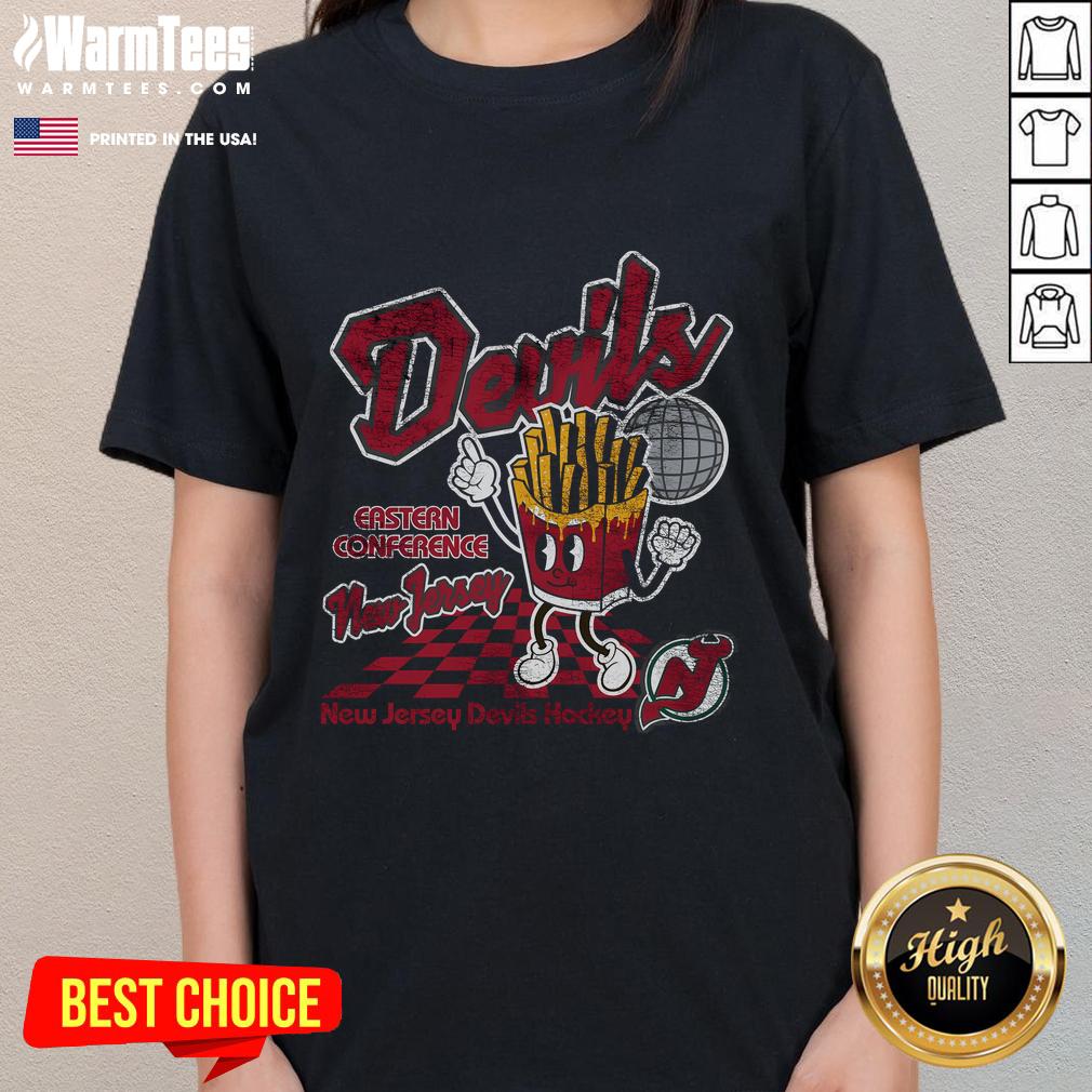 Alt Text: Ladies tee featuring Awesome New Jersey Devils Disco Fries design, perfect for fans and game day attire.