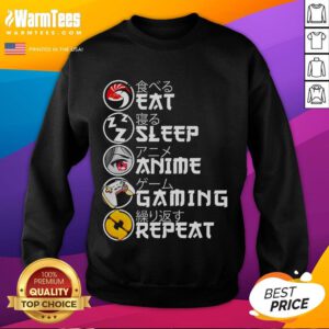 Alt Text: Awesome retro 'Eat Sleep Anime Gaming Repeat' sweatshirt featuring kawaii anime and manga designs for gamers.