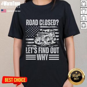 Vintage USA flag ladies tee with Awesome Road Closed graphic, perfect for patriotic style and casual wear.