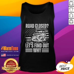 Vintage USA flag tank top with a bold 'Road Closed' graphic, perfect for summer adventures and patriotic style.
