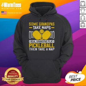 Grandpa wearing 'Awesome Some Grandpas Take Naps' hoodie, enjoying a nap after playing pickleball outdoors.