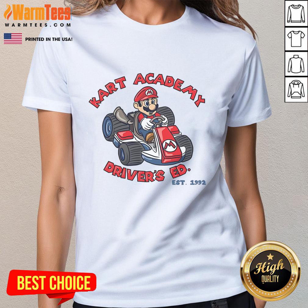 Awesome Super Mario Kart Academy Drivers Ed Est 1992 ladies tee featuring colorful graphics and a fun gaming design.