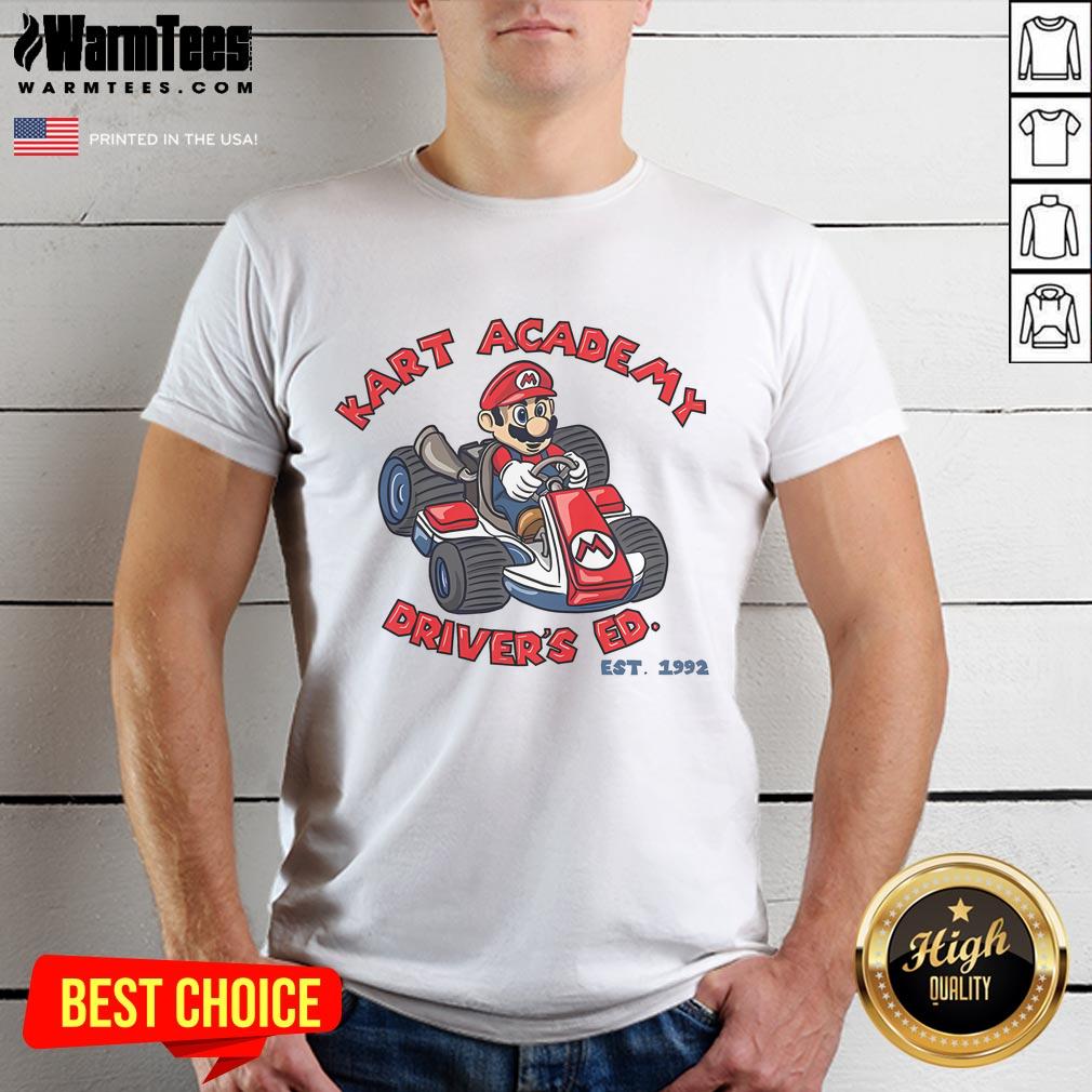 Awesome Super Mario Kart Academy Driver's Ed Est 1992 T-Shirt featuring vibrant graphics and a retro design.