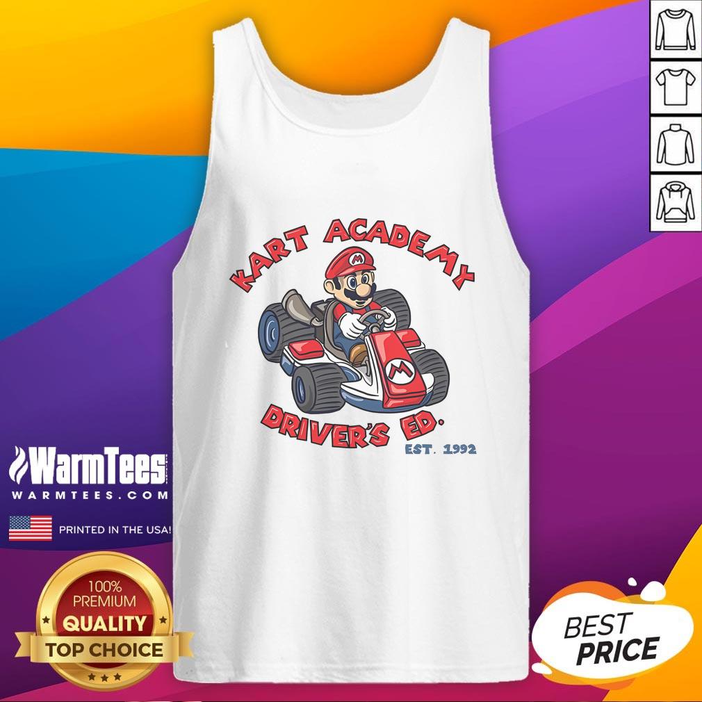 Awesome Super Mario Kart Academy Drivers Ed Est 1992 tank top featuring colorful graphics and retro design.
