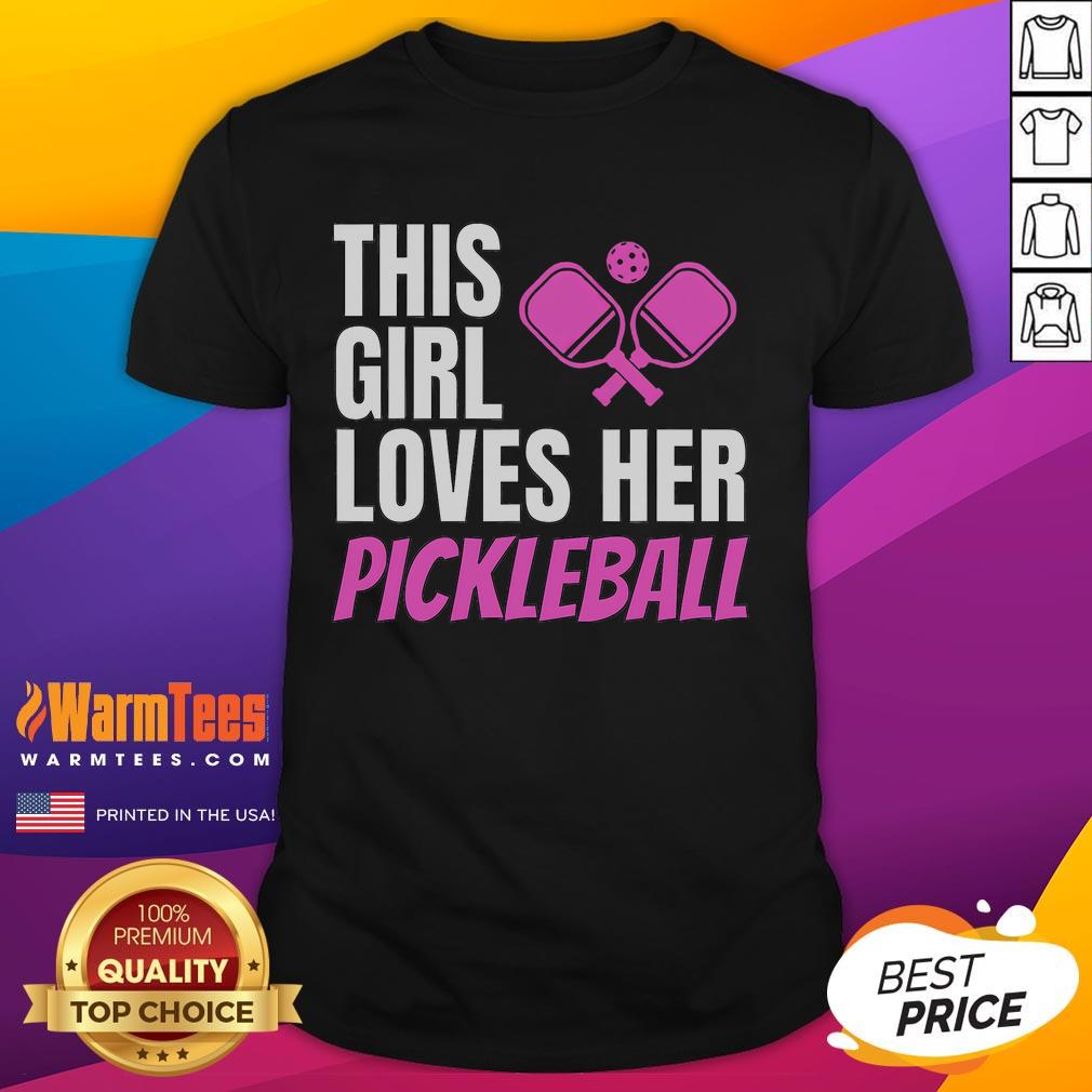 Girl wearing 'Awesome This Girl Loves Her Pickleball' T-shirt, smiling on the court, showcasing her love for pickleball.