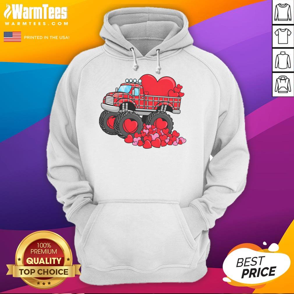 Alt Text: Awesome Valentine's Day monster truck hoodie featuring hearts design, perfect for celebrating love and adventure.