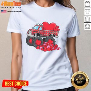 Alt Text: Awesome Valentine's Day monster truck with hearts design on a ladies tee, perfect for celebrating love and fun.