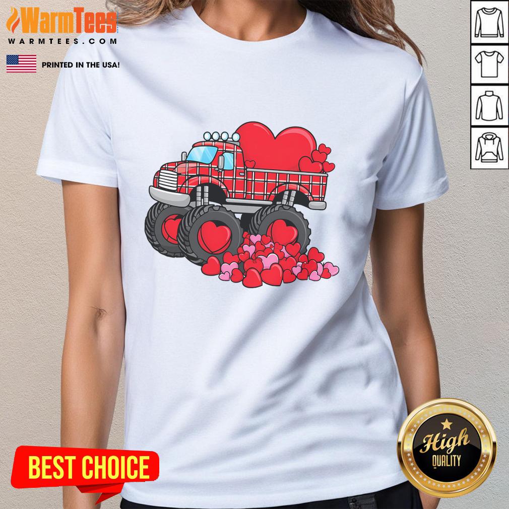 Alt Text: Awesome Valentine's Day monster truck with hearts design on a ladies tee, perfect for celebrating love and fun.
