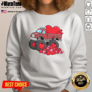 Awesome Valentine's Day monster truck sweatshirt featuring vibrant hearts, perfect for festive celebrations and truck lovers.