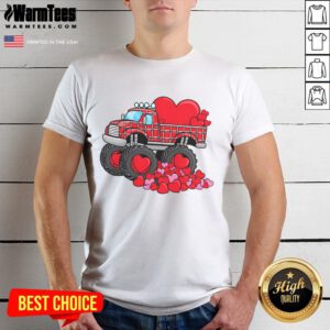 Awesome Valentine's Day monster truck t-shirt featuring hearts, perfect for celebrating love and adventure.