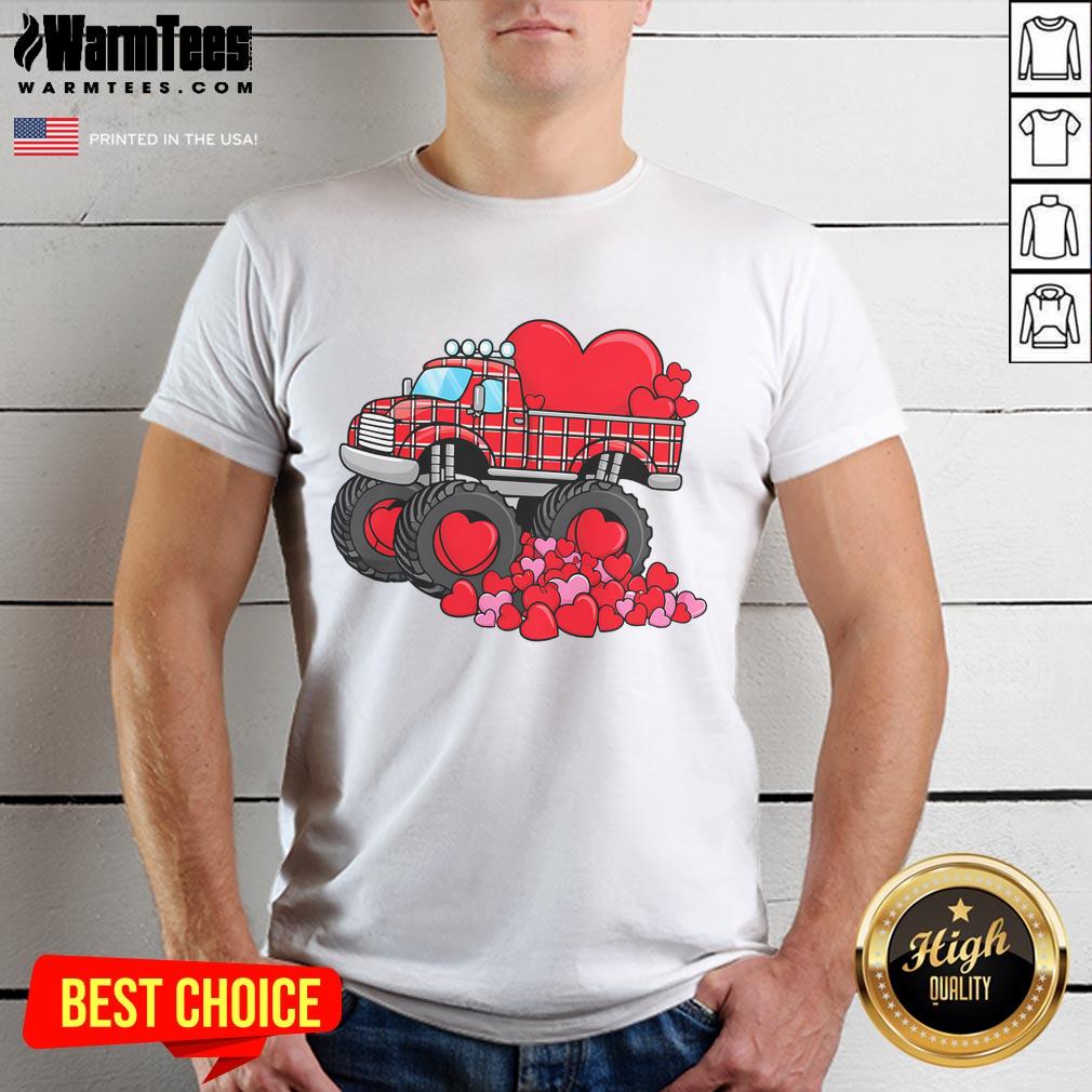 Awesome Valentine's Day monster truck t-shirt featuring hearts, perfect for celebrating love and adventure.