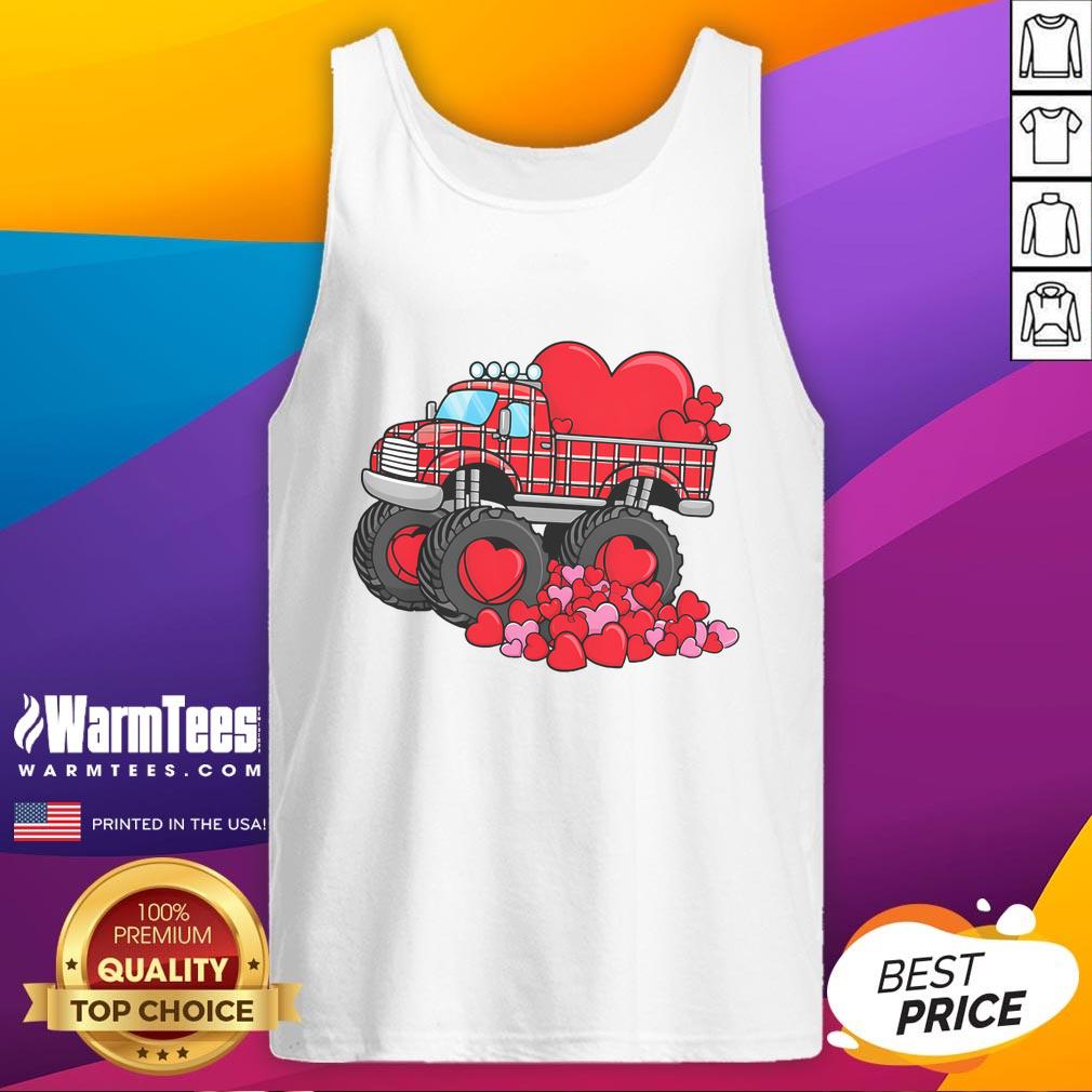 Alt Text: Awesome Valentine's Day monster truck tank top featuring playful hearts design for a fun festive look.