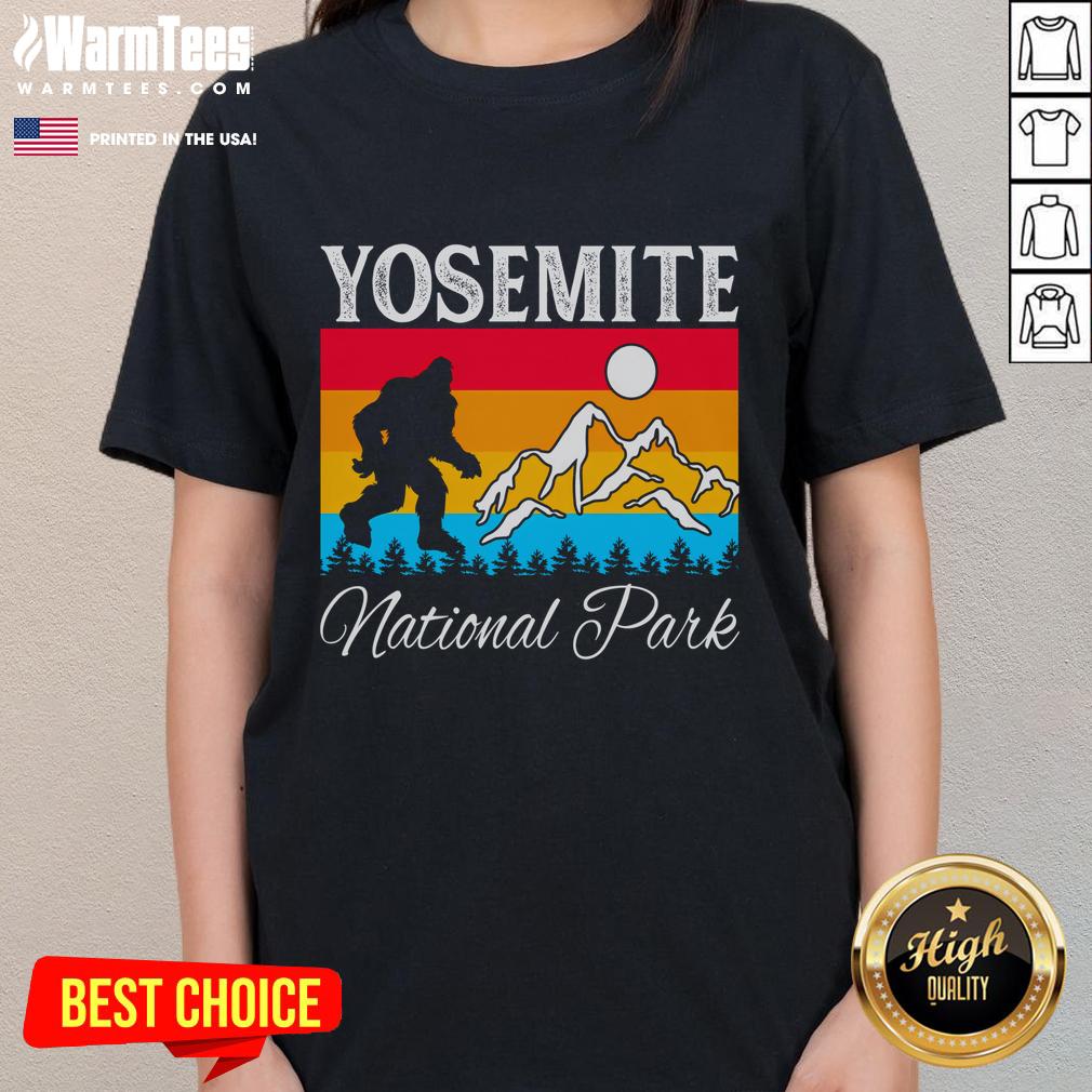 Awesome Yosemite National Park Bigfoot Ladies Tee featuring a stylish Bigfoot design against a scenic backdrop.