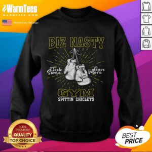 Alt Text: Biz Nasty Took Some Gave More Gym Spittin Chiclets Sweatshirt in black, worn by a fit person at the gym.
