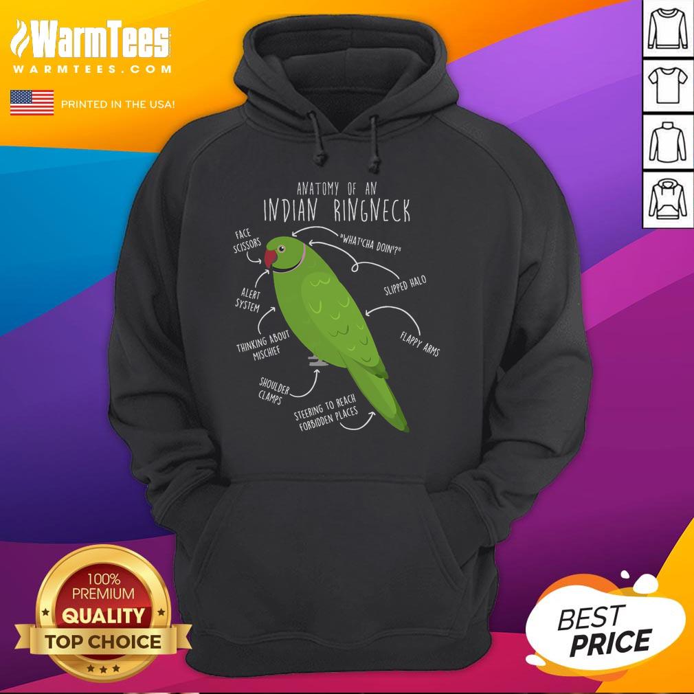 Cute anatomy of an Indian Ringneck parrot hoodie featuring vibrant colors and detailed illustrations.