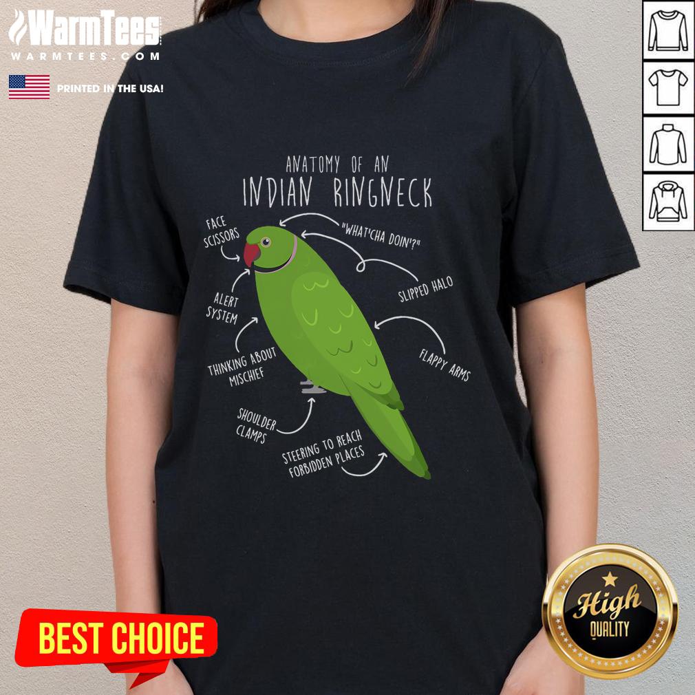 Charming anatomy design of an Indian Ringneck Parrot on a ladies tee, perfect for bird lovers and fashion enthusiasts.