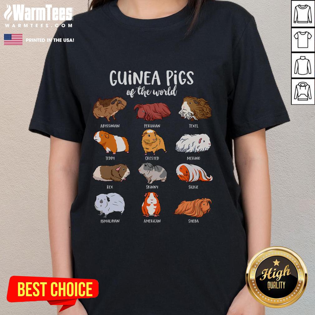 Cute cartoon guinea pigs showcasing different types of guinea pigs on a ladies tee, perfect for animal lovers and pet enthusiasts.