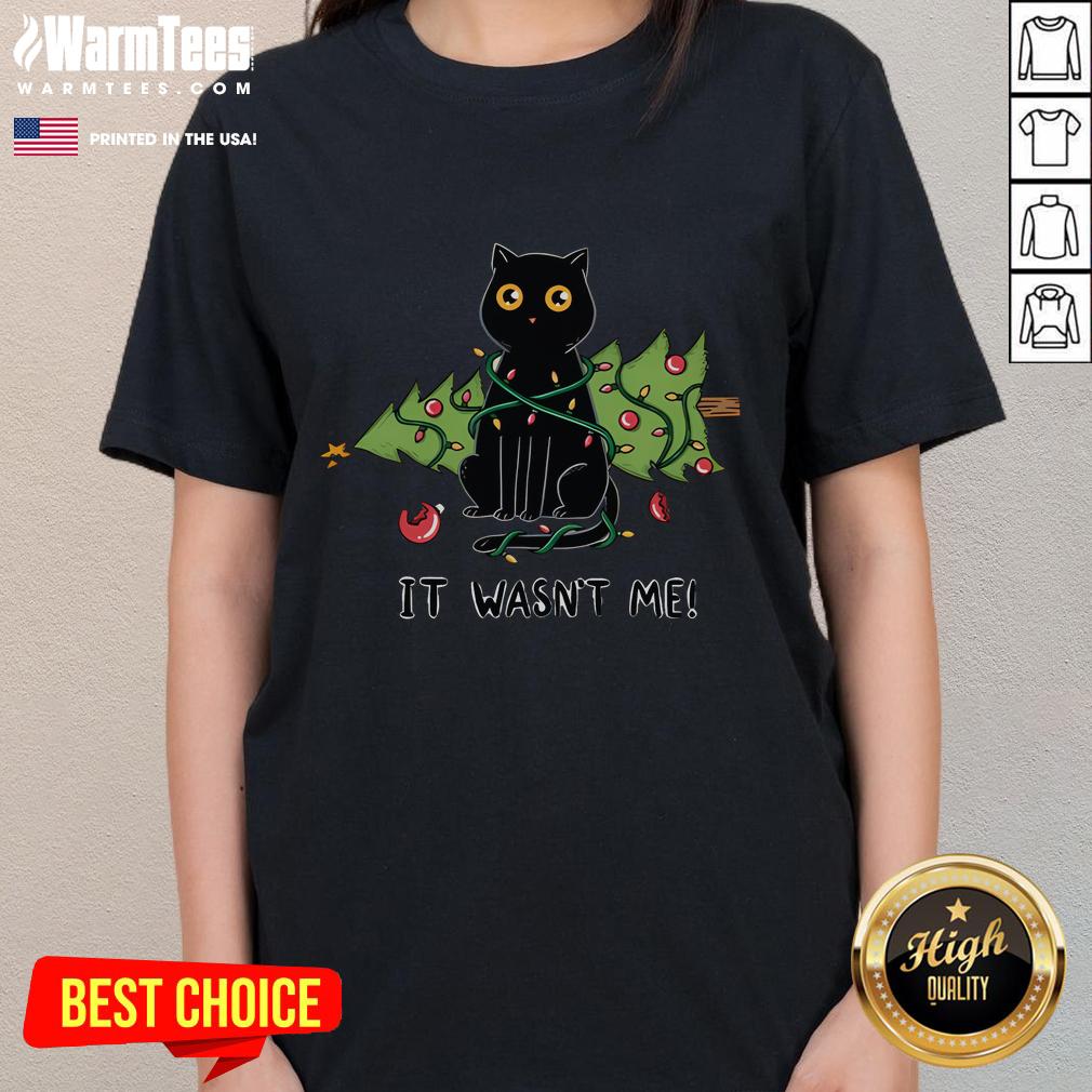 Alt Text: Cute cat sitting beside a decorated Christmas tree on a ladies tee, perfect for festive feline lovers.