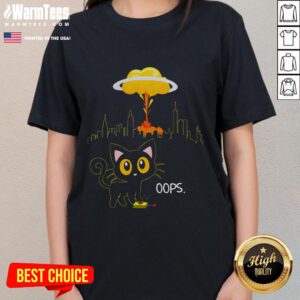 Adorable cat design on a red button bomb graphic tee for ladies, perfect for cat lovers and fun fashion enthusiasts.