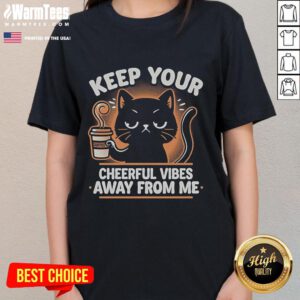 Cute cat graphic on a ladies tee with the phrase I Hate Morning People, Keep Your Cheerful Vibes Away From Me.