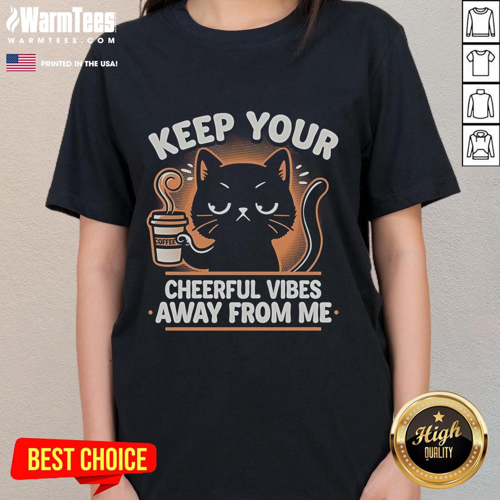 Cute cat graphic on a ladies tee with the phrase I Hate Morning People, Keep Your Cheerful Vibes Away From Me.