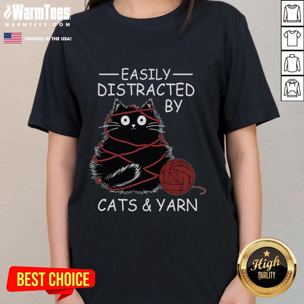 Adorable crochet ladies tee featuring a cute kitten easily distracted by yarn, perfect for cat lovers and crafters.