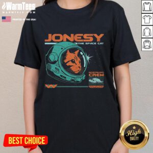 Cute Jonesy the Space Cat ladies tee featuring an adorable cat in a space suit, perfect for cat lovers and space enthusiasts.