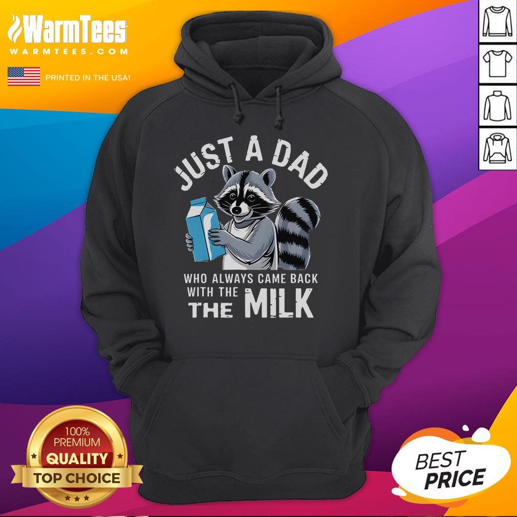 Alt Text: Cute raccoon hoodie for dads, featuring 'Just a Dad Who Always Came Back with the Milk' design, perfect for casual wear.