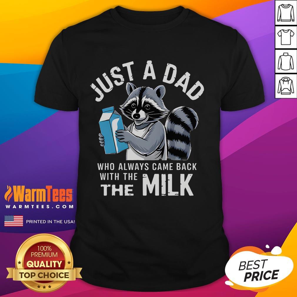 Alt Text: Cute 'Just A Dad Who Always Came Back With The Milk' raccoon t-shirt design for dads who love fun and humor.