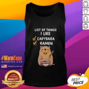 Adorable kawaii capybara wearing a ramen tank top, showcasing a list of things I like in a playful design.