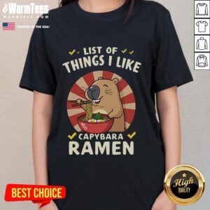 Adorable tee featuring a capybara, ramen, and a list of favorite things, perfect for casual wear enthusiasts.