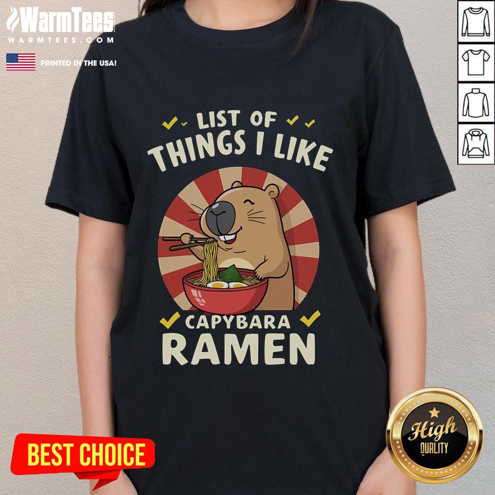 Adorable tee featuring a capybara, ramen, and a list of favorite things, perfect for casual wear enthusiasts.