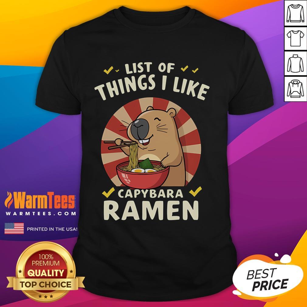 Cute List of Things I Like Capybara Ramen T-Shirt featuring playful capybara and ramen graphics in vibrant colors.