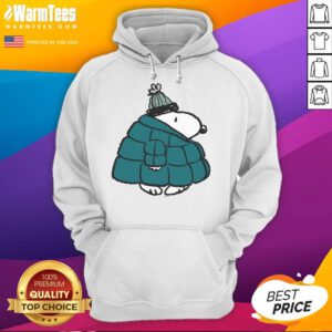 Alt Text: Cute Peanuts Snoopy in a winter puffer jacket on a hoodie poster, perfect for fans of cozy cartoon apparel.