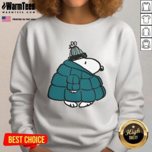 Cute Peanuts Snoopy winter puffer jacket poster sweatshirt featuring Snoopy in a cozy winter scene.