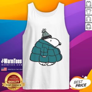 Adorable Peanuts Snoopy winter puffer jacket poster on a stylish tank top, perfect for fans of Snoopy and cozy fashion.