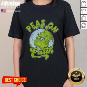 Cute Peas on Earth graphic on a ladies tee shirt, showcasing a playful and vibrant design for pea lovers.