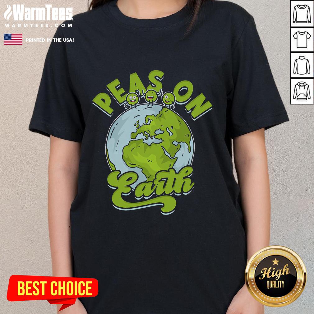 Cute Peas on Earth graphic on a ladies tee shirt, showcasing a playful and vibrant design for pea lovers.