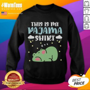 Teen wearing cute frog pajamas and a sweatshirt that says 'This Is My Pajama' for a cozy and fun loungewear look.