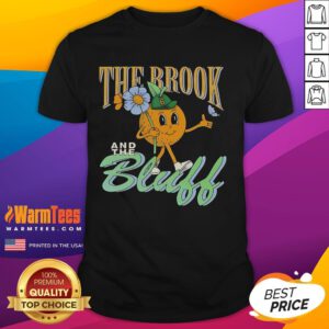 Alt Text: Cute tangerine mascot t-shirt featuring The Brook & The Bluff logo, perfect for fans of the band and stylish apparel.