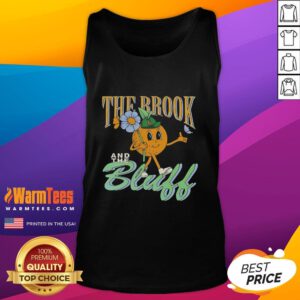 Alt Text: Cute The Brook The Bluff tangerine mascot tank top featuring a vibrant design perfect for summer outings.