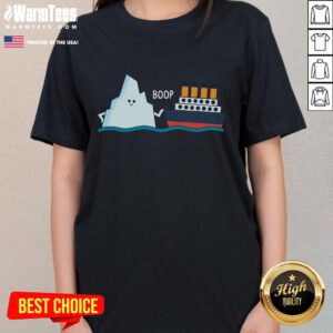 Funny Titanic and iceberg boop parody on a cute ladies tee, perfect for humor and Titanic fans.
